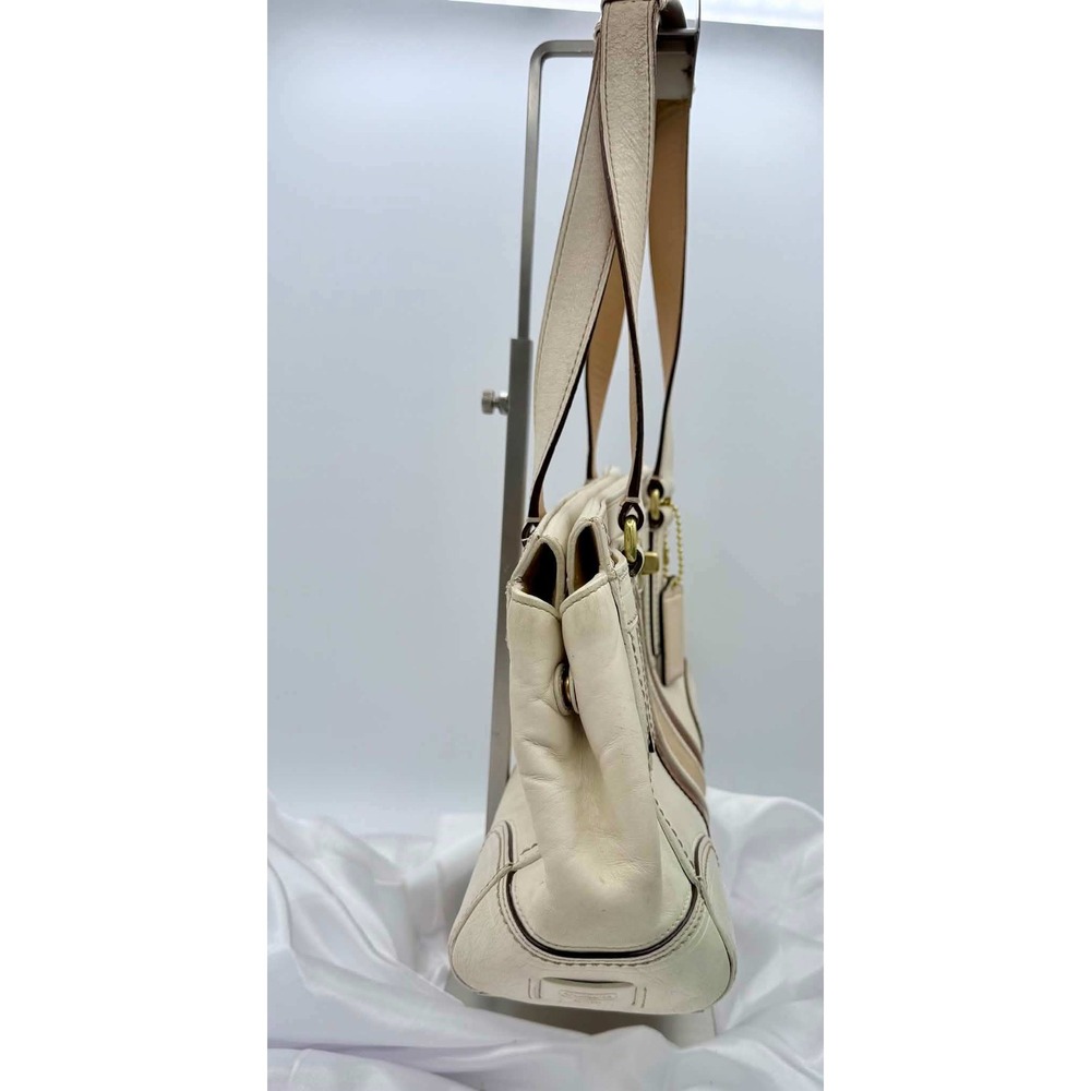 Coach Hamptons Stripe Leather Satchel Off White Brown Brass 11609 - Picture 3 of 14
